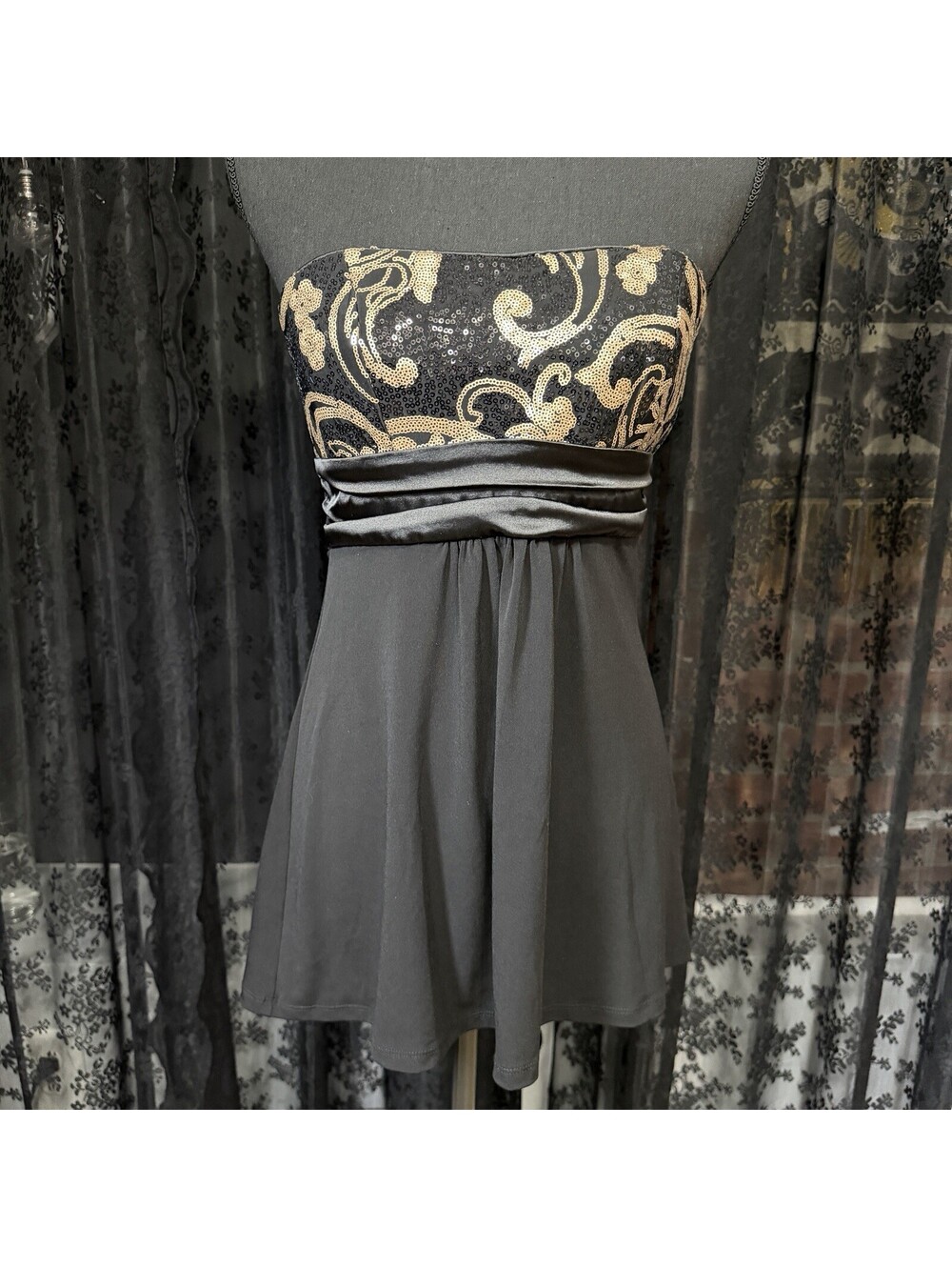 Le Chateau Black Gold Sequin Strapless Tube Top Satin Waist S